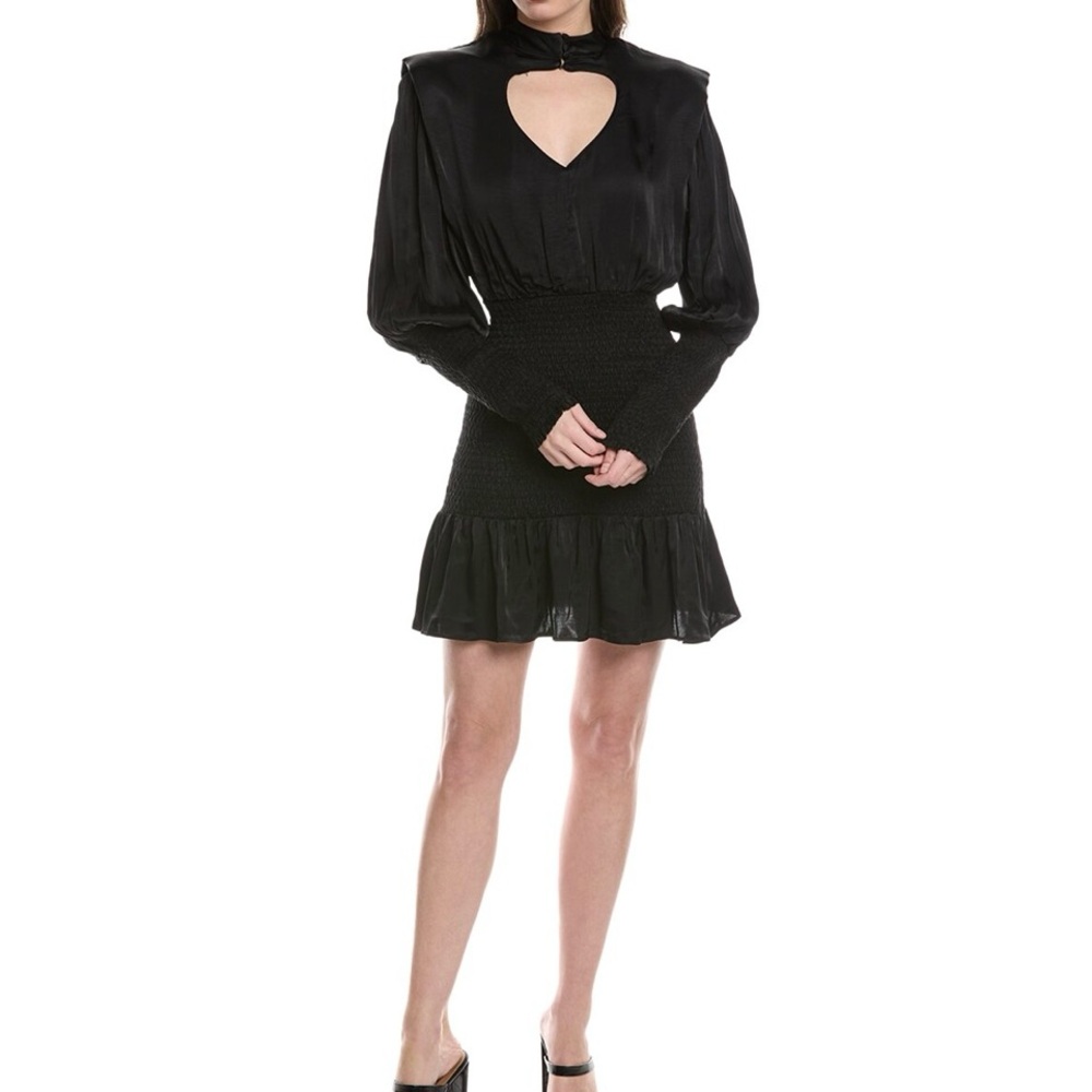 FARM Rio Black Cocktail Dress with Mock Neck and Bishop Sleeves